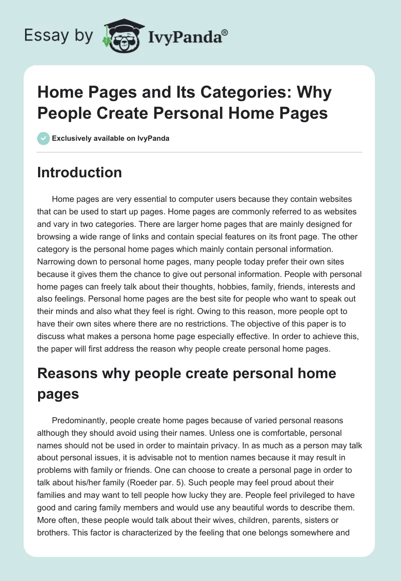 Home Pages and Its Categories: Why People Create Personal Home Pages. Page 1