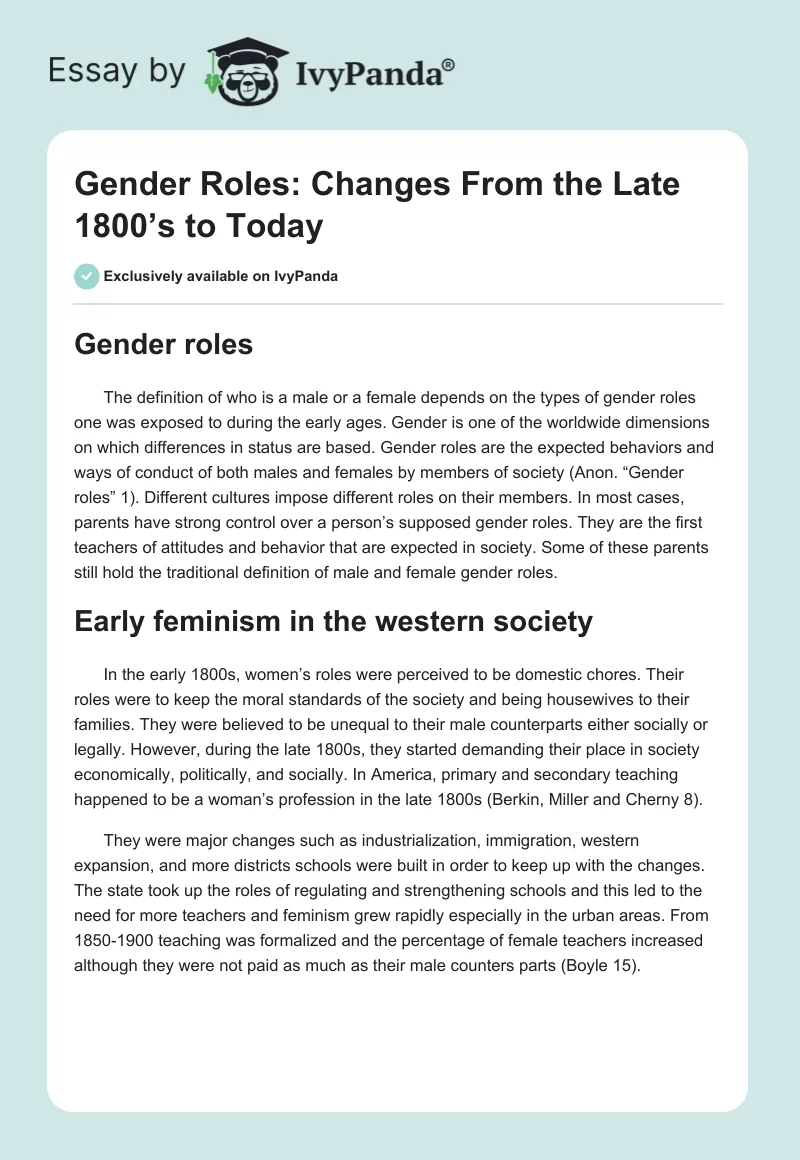Gender Roles: Changes From the Late 1800’s to Today. Page 1