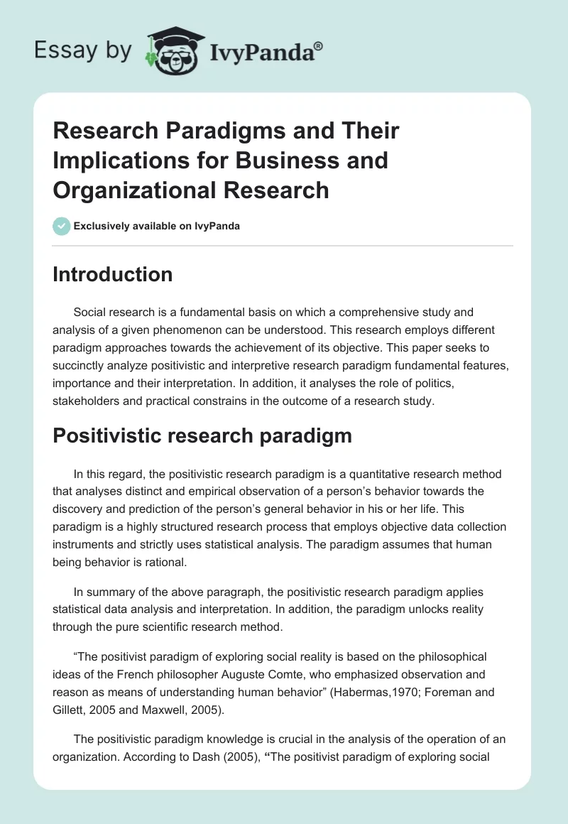 Research Paradigms and Their Implications for Business and Organizational Research. Page 1