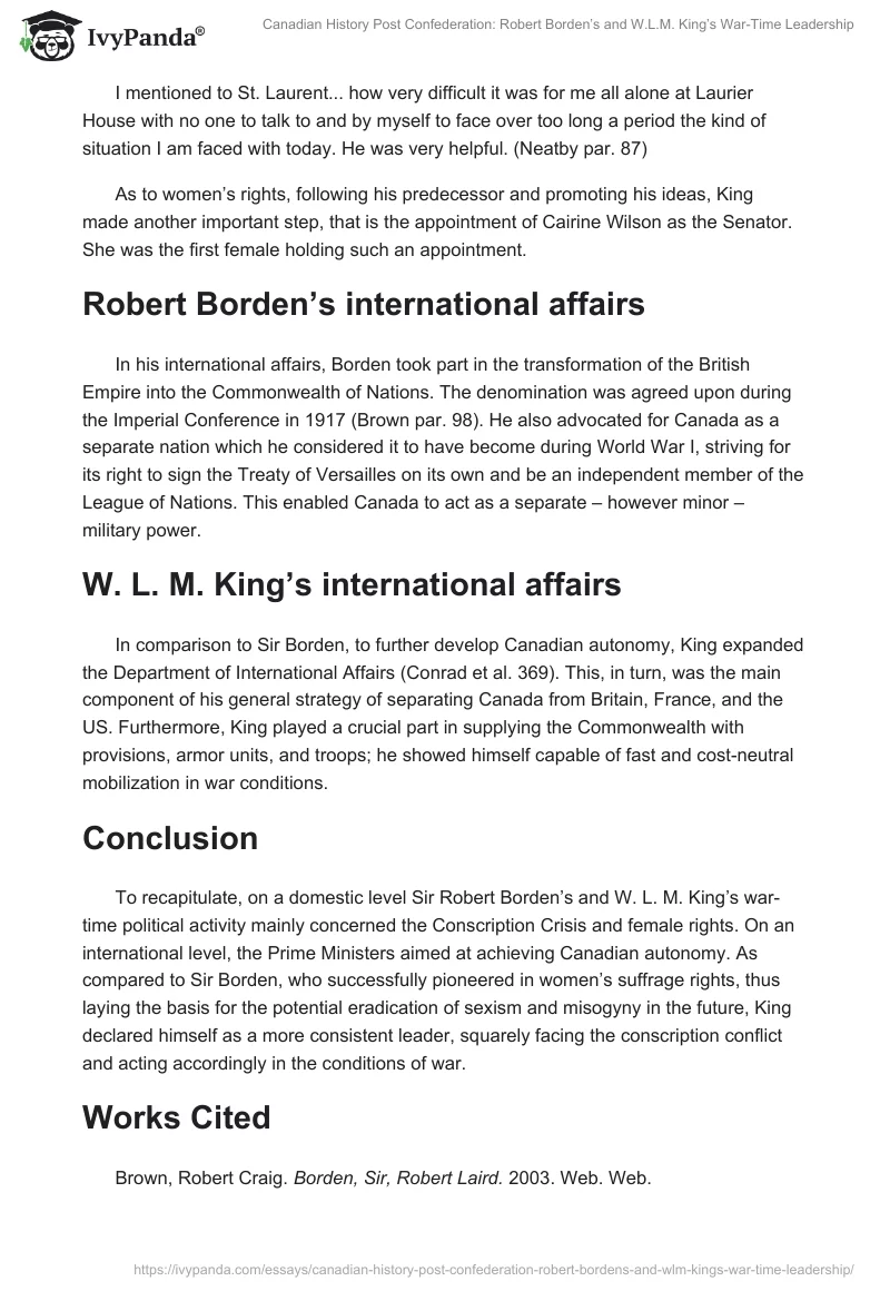 Canadian History Post Confederation: Robert Borden’s and W.L.M. King’s War-Time Leadership. Page 2