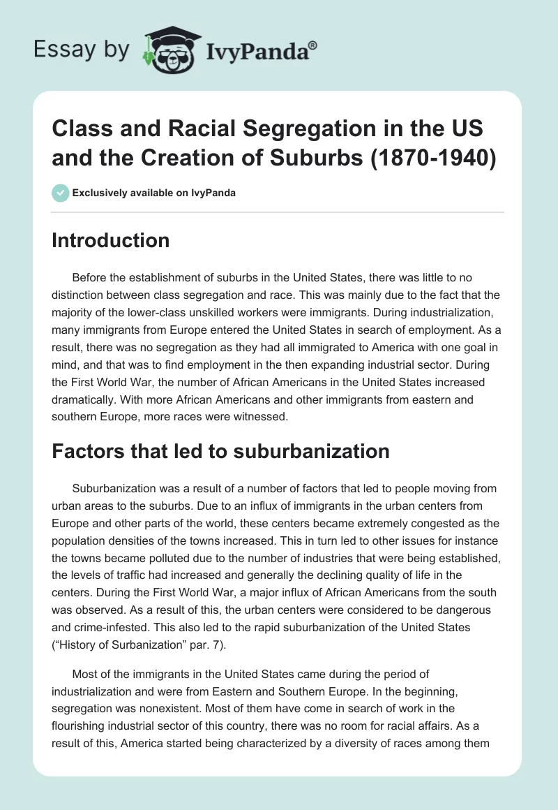 Class and Racial Segregation in the US and the Creation of Suburbs (1870-1940). Page 1
