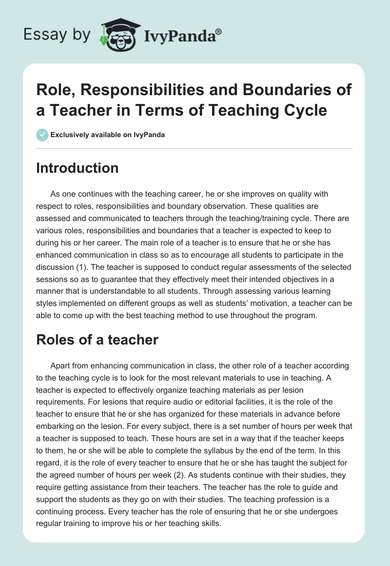 Role, Responsibilities and Boundaries of a Teacher in Terms of Teaching Cycle. Page 1