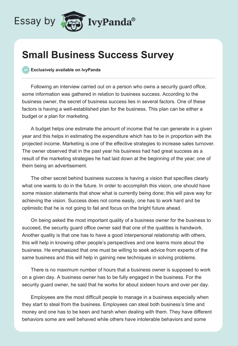 Small Business Success Survey. Page 1