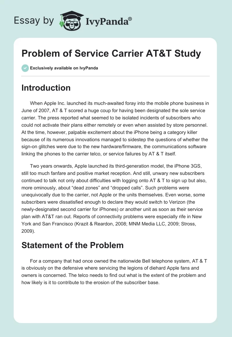 Problem of Service Carrier AT&T Study. Page 1