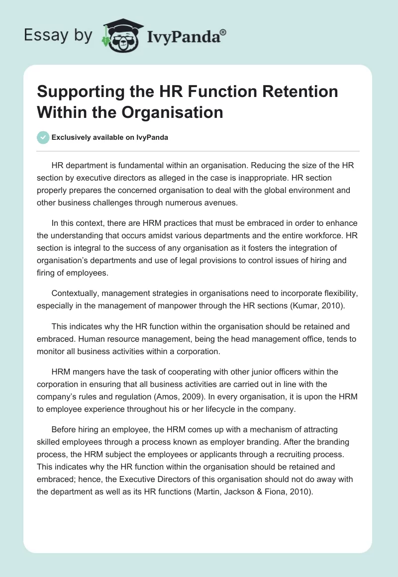 Supporting the HR Function Retention Within the Organisation. Page 1
