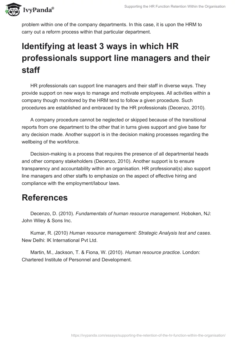 Supporting the HR Function Retention Within the Organisation. Page 3