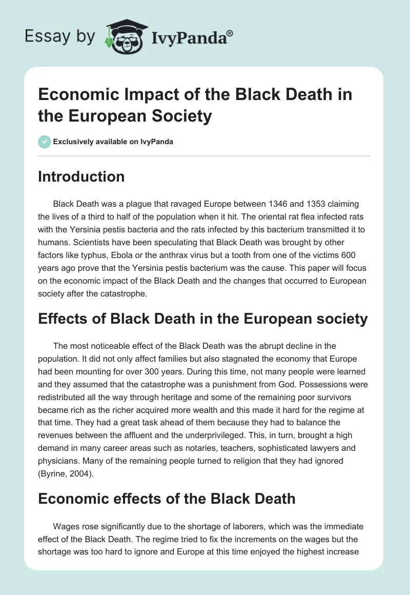 Economic Impact of the Black Death in the European Society. Page 1
