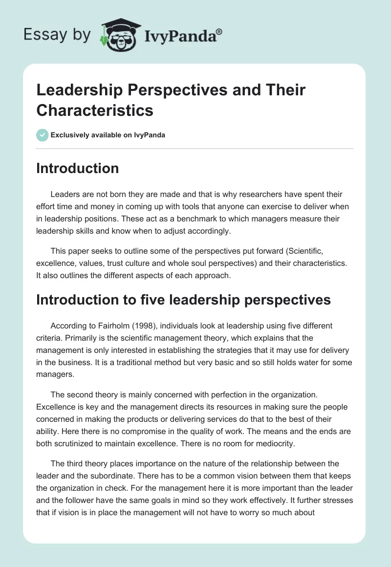 Leadership Perspectives and Their Characteristics. Page 1