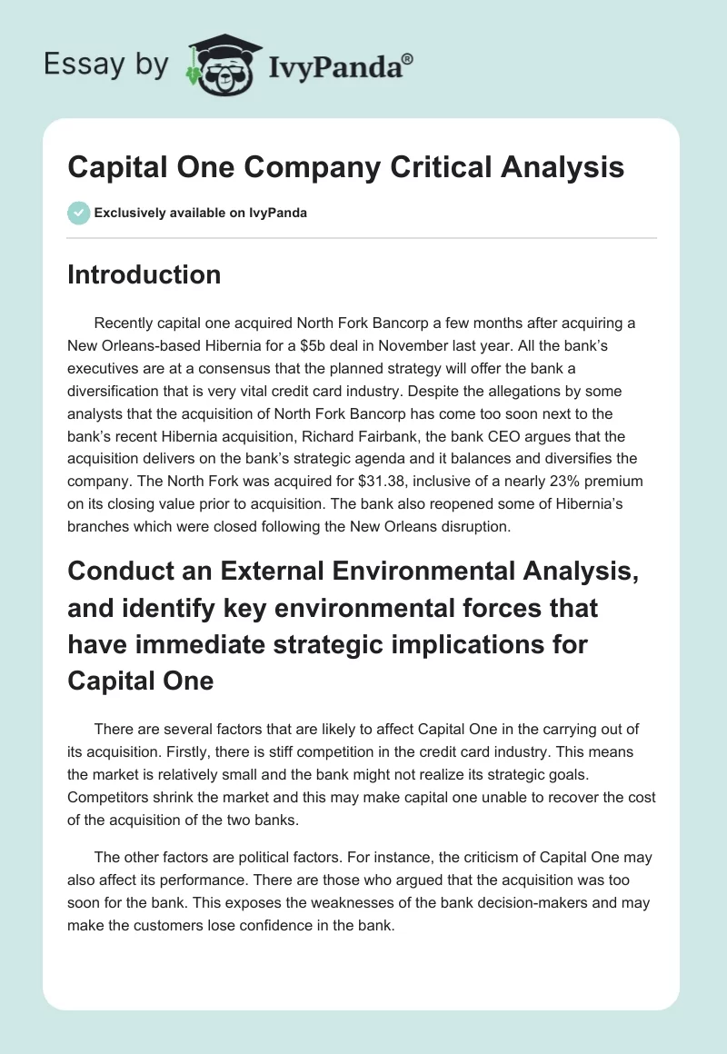 Capital One Company Critical Analysis. Page 1