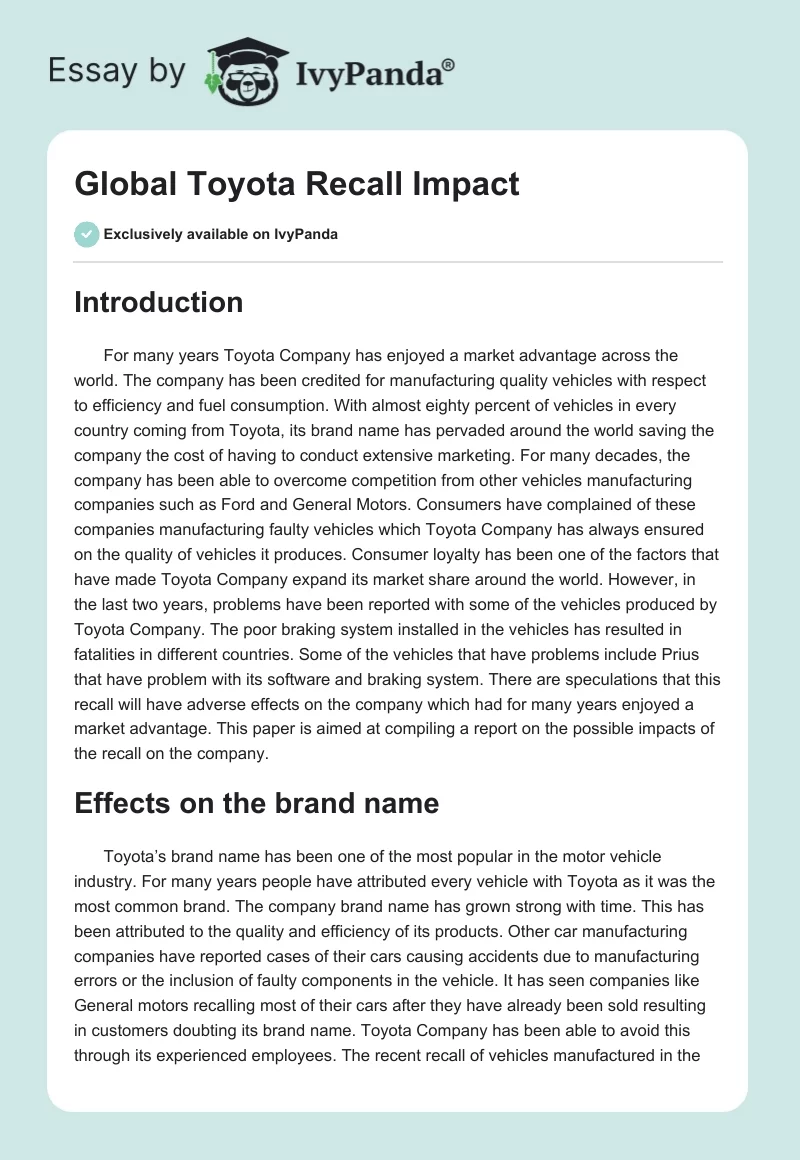 Global Toyota Recall Impact. Page 1