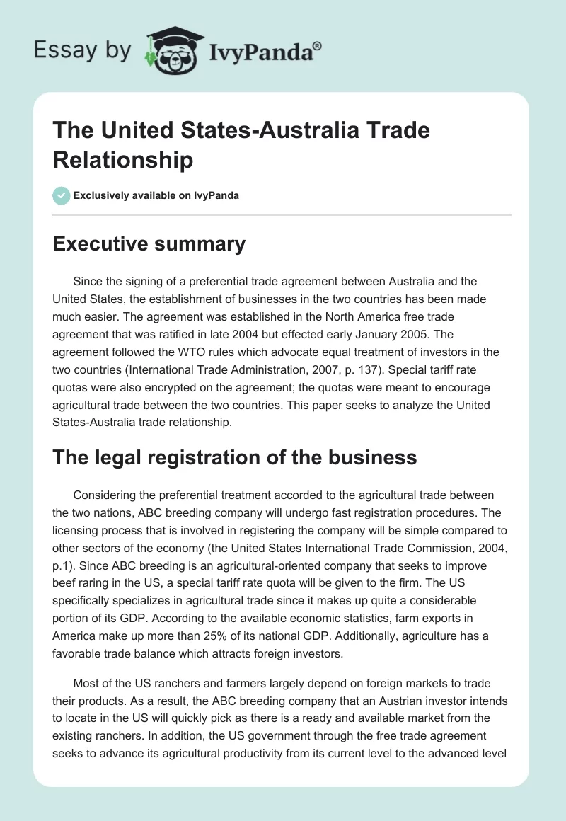 The United States-Australia Trade Relationship. Page 1