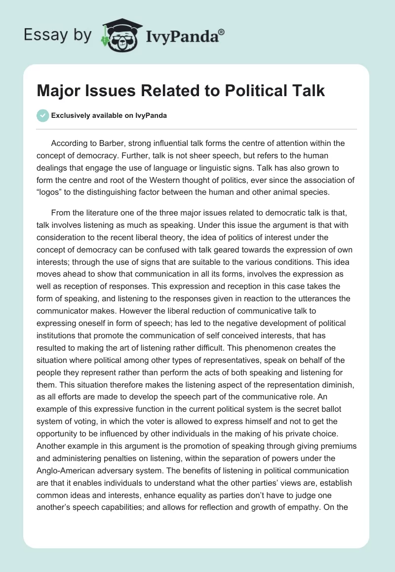 Major Issues Related to Political Talk. Page 1