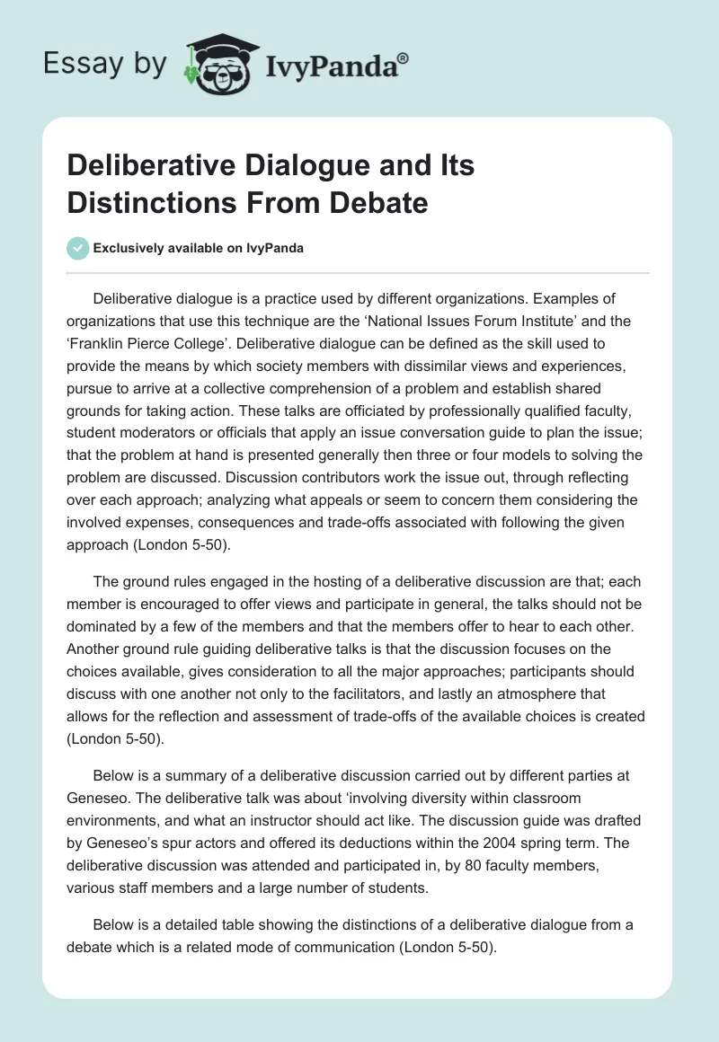 Deliberative Dialogue and Its Distinctions From Debate. Page 1
