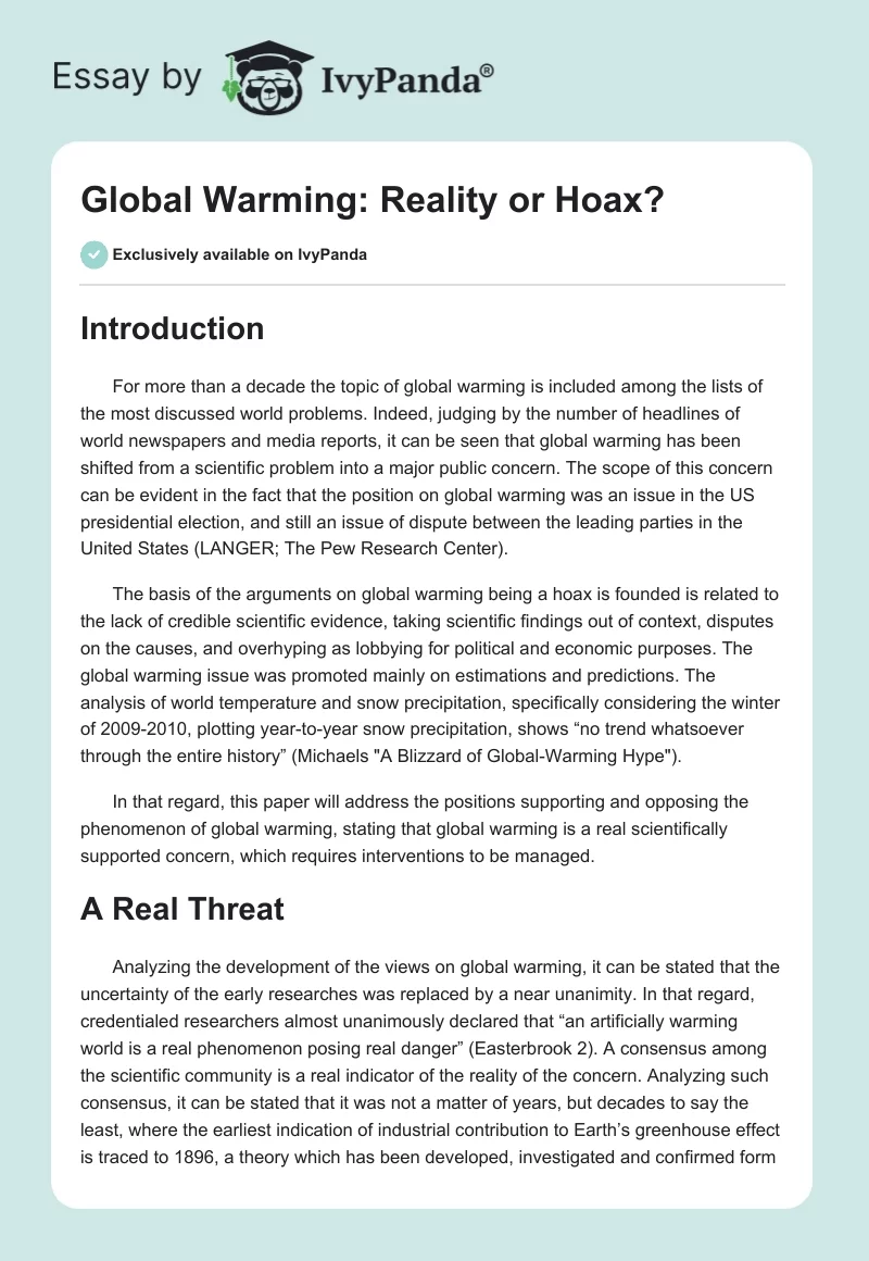 Global Warming: Reality or Hoax?. Page 1