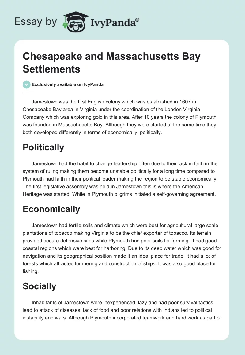 Chesapeake and Massachusetts Bay Settlements. Page 1
