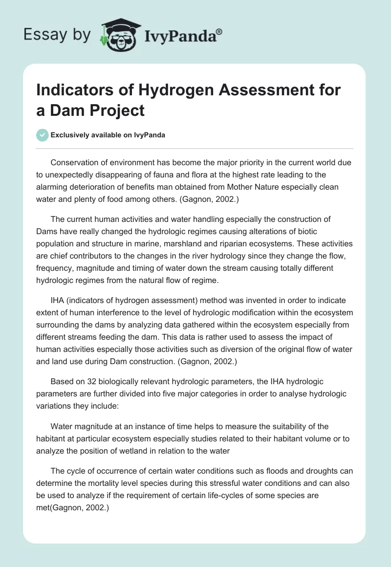 Indicators of Hydrogen Assessment for a Dam Project. Page 1