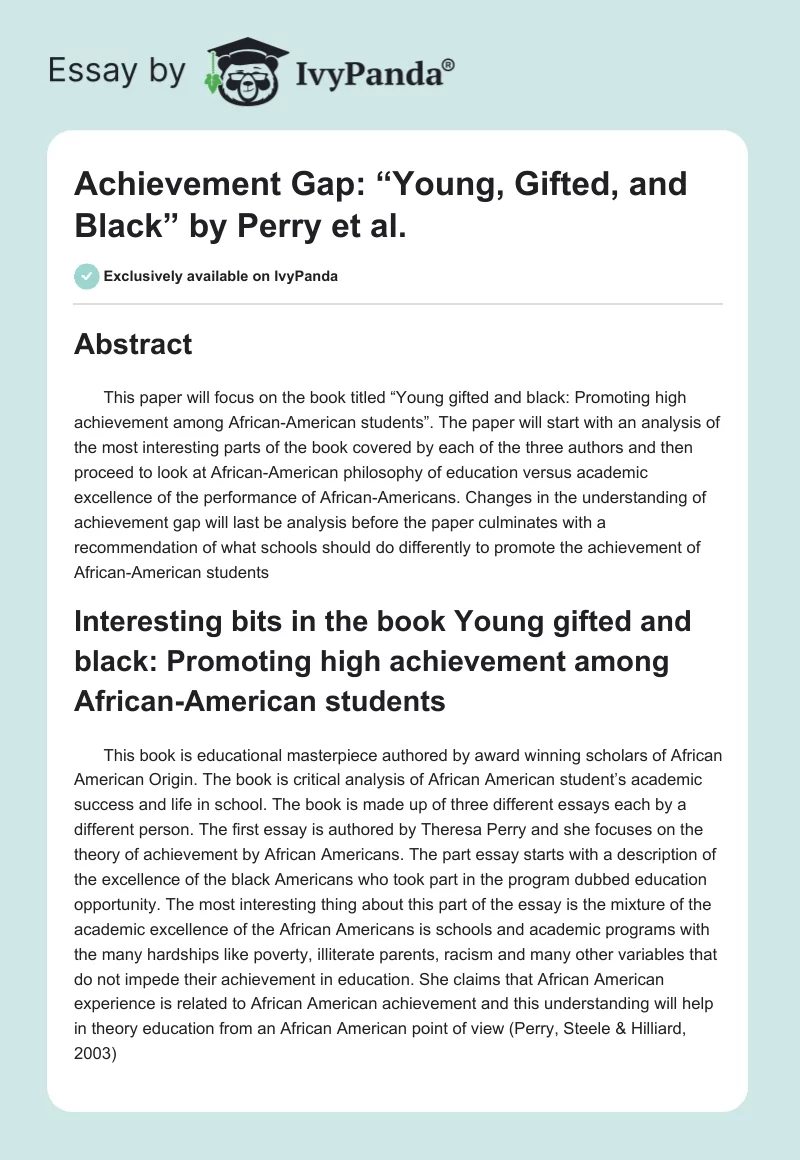 Achievement Gap: “Young, Gifted, and Black” by Perry et al.. Page 1