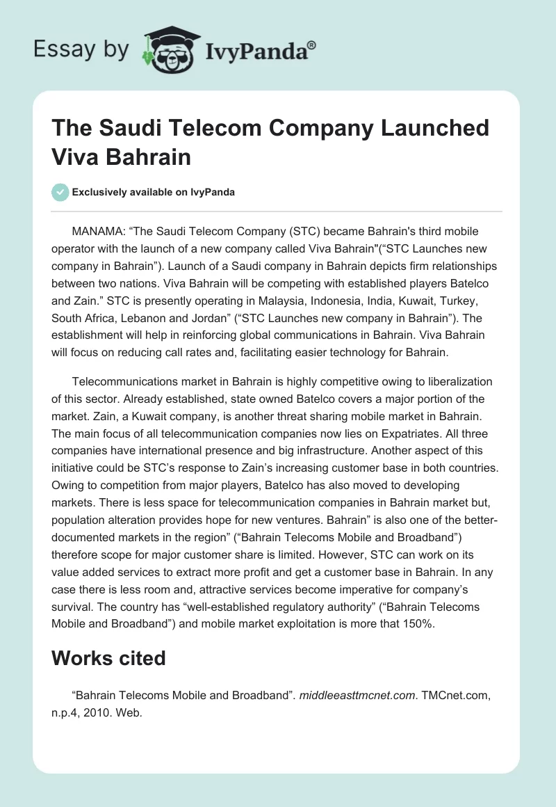 The Saudi Telecom Company Launched Viva Bahrain. Page 1