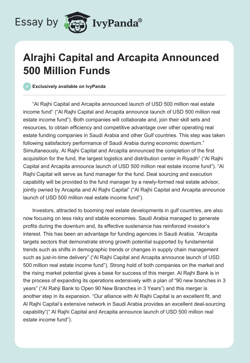 Alrajhi Capital and Arcapita Announced 500 Million Funds. Page 1