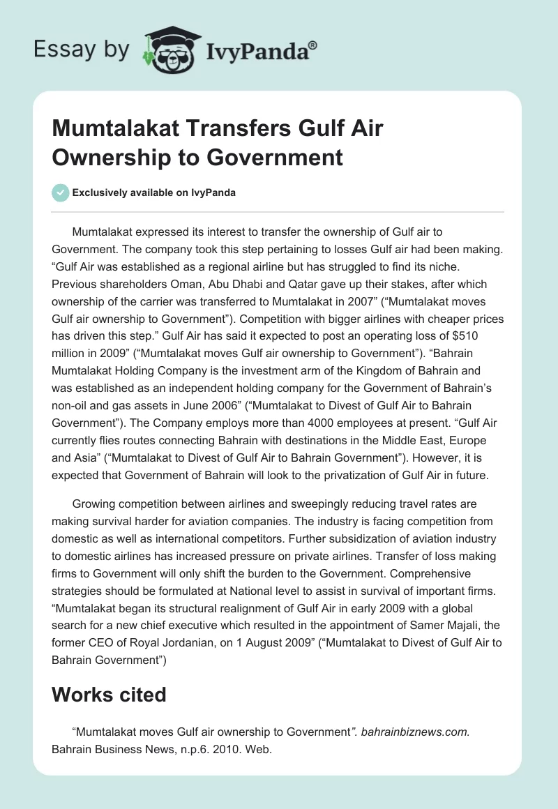 Mumtalakat Transfers Gulf Air Ownership to Government. Page 1