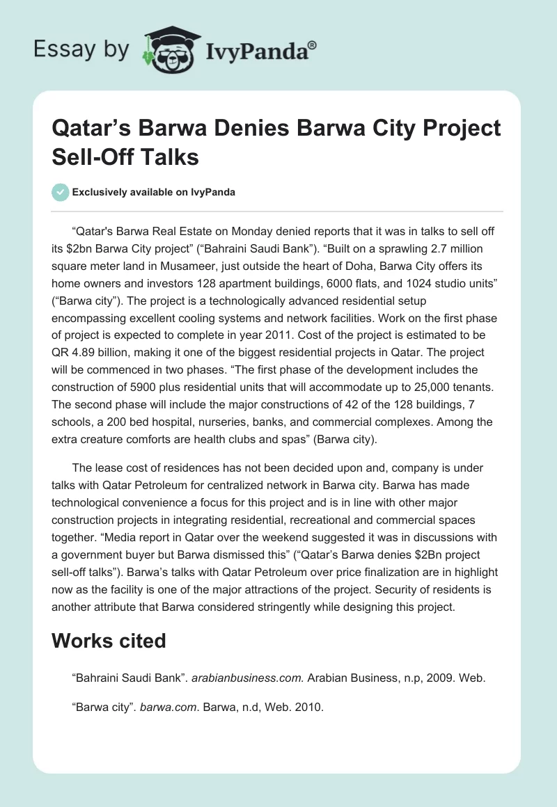 Qatar’s Barwa Denies Barwa City Project Sell-Off Talks. Page 1