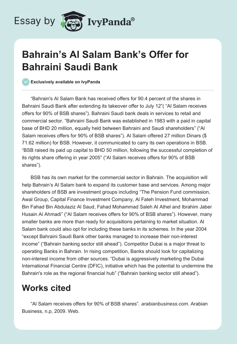 Bahrain’s Al Salam Bank’s Offer for Bahraini Saudi Bank. Page 1