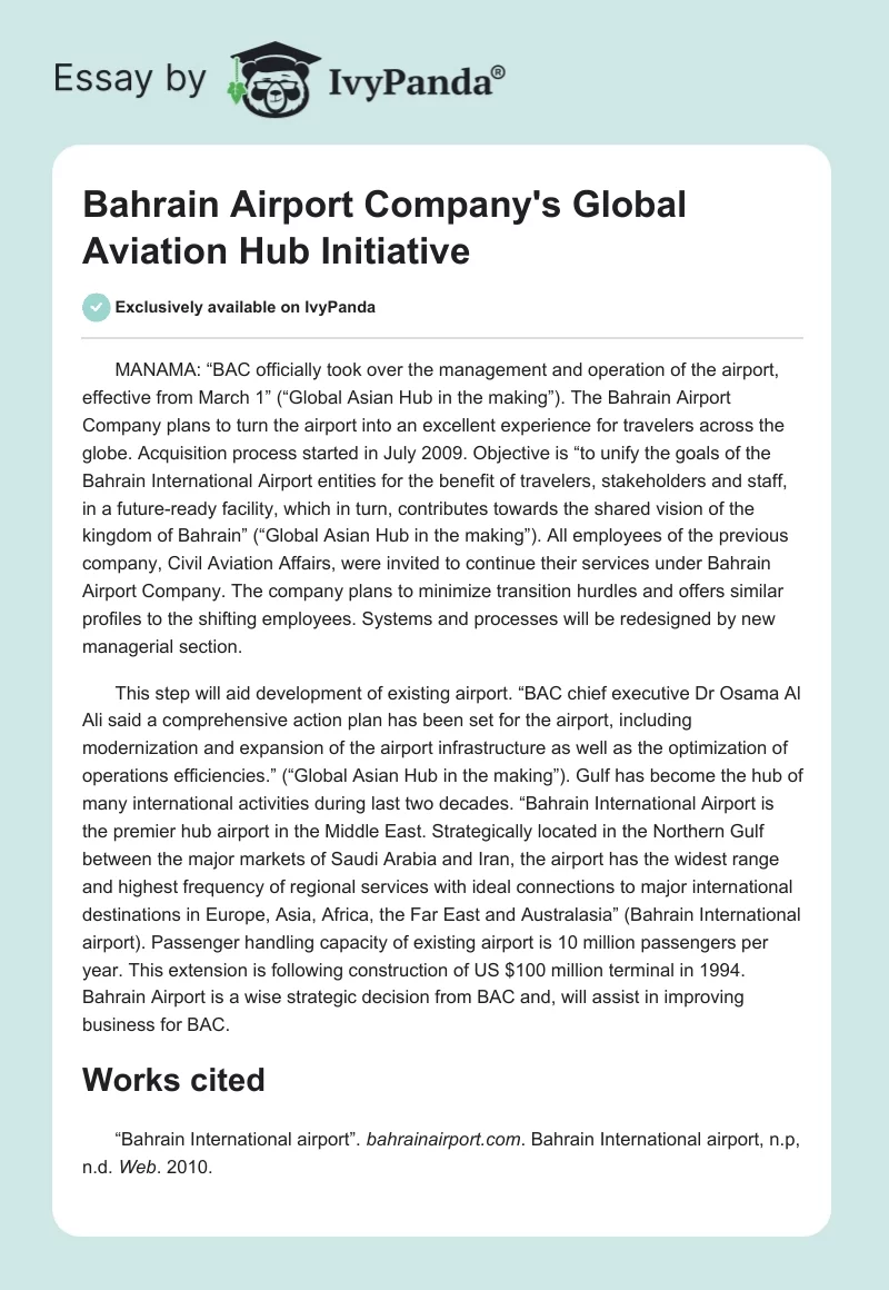 Bahrain Airport Company's Global Aviation Hub Initiative. Page 1