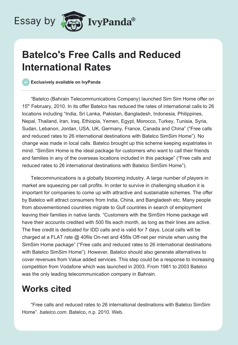 Batelco's Free Calls and Reduced International Rates. Page 1
