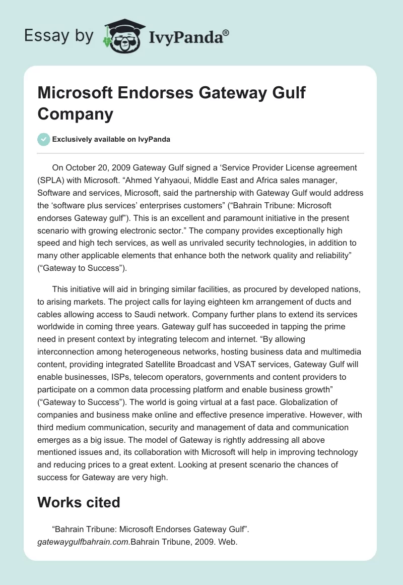 Microsoft Endorses Gateway Gulf Company. Page 1