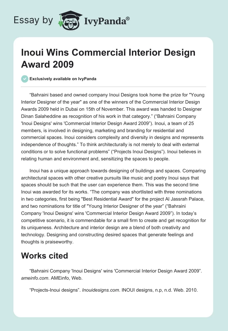 Inoui Wins Commercial Interior Design Award 2009. Page 1