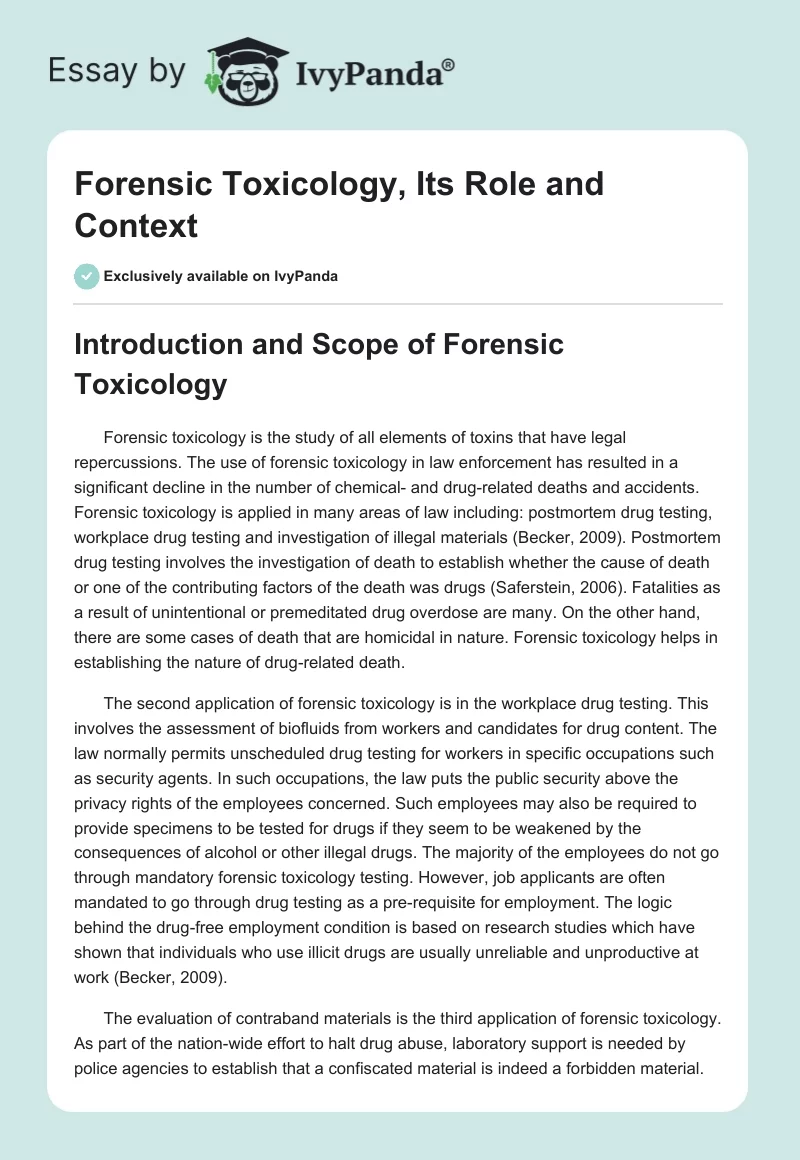 Forensic Toxicology, Its Role and Context. Page 1