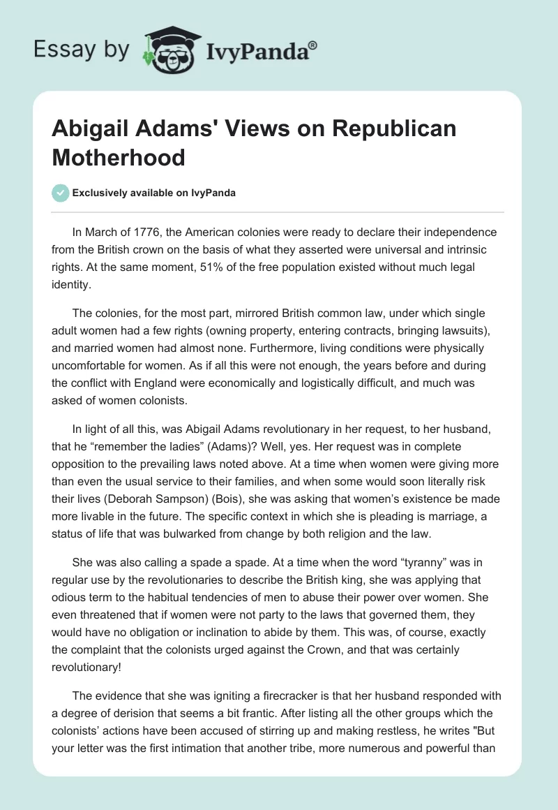 Abigail Adams' Views on Republican Motherhood. Page 1