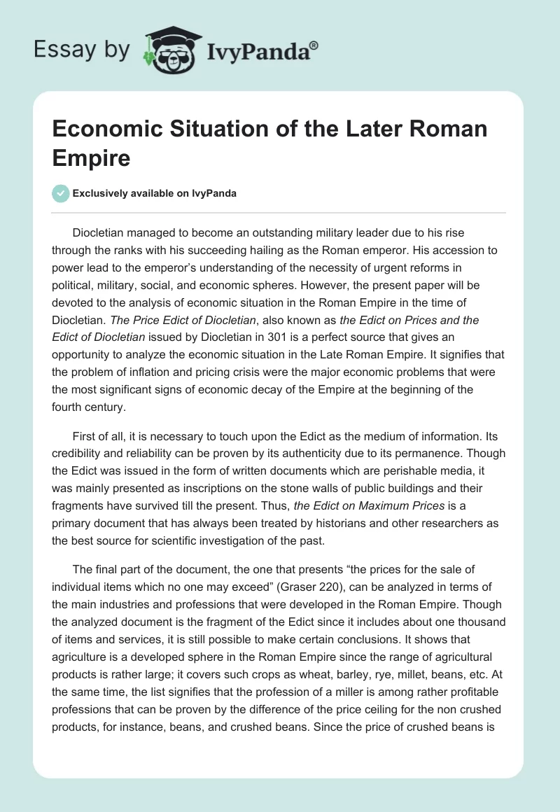 Economic Situation of the Later Roman Empire. Page 1