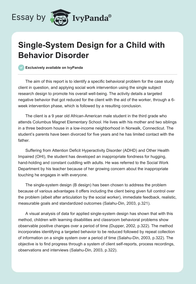 Single-System Design for a Child with Behavior Disorder. Page 1