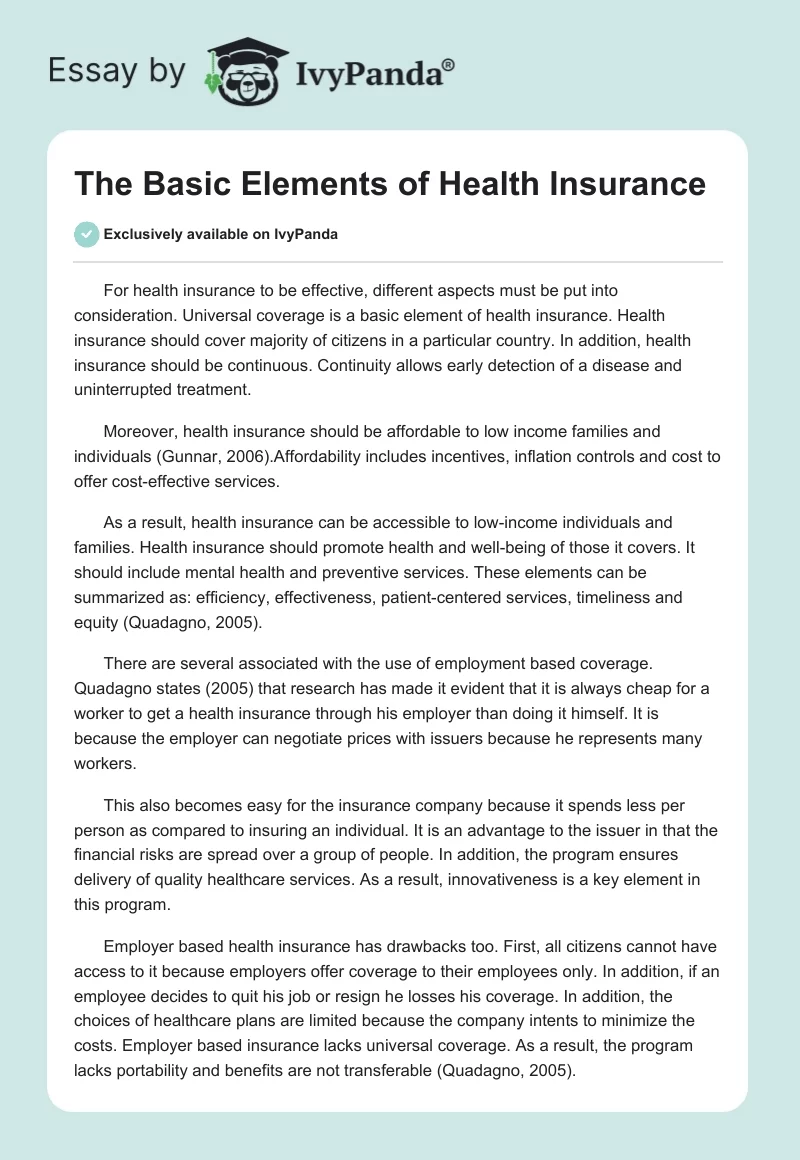 The Basic Elements of Health Insurance. Page 1