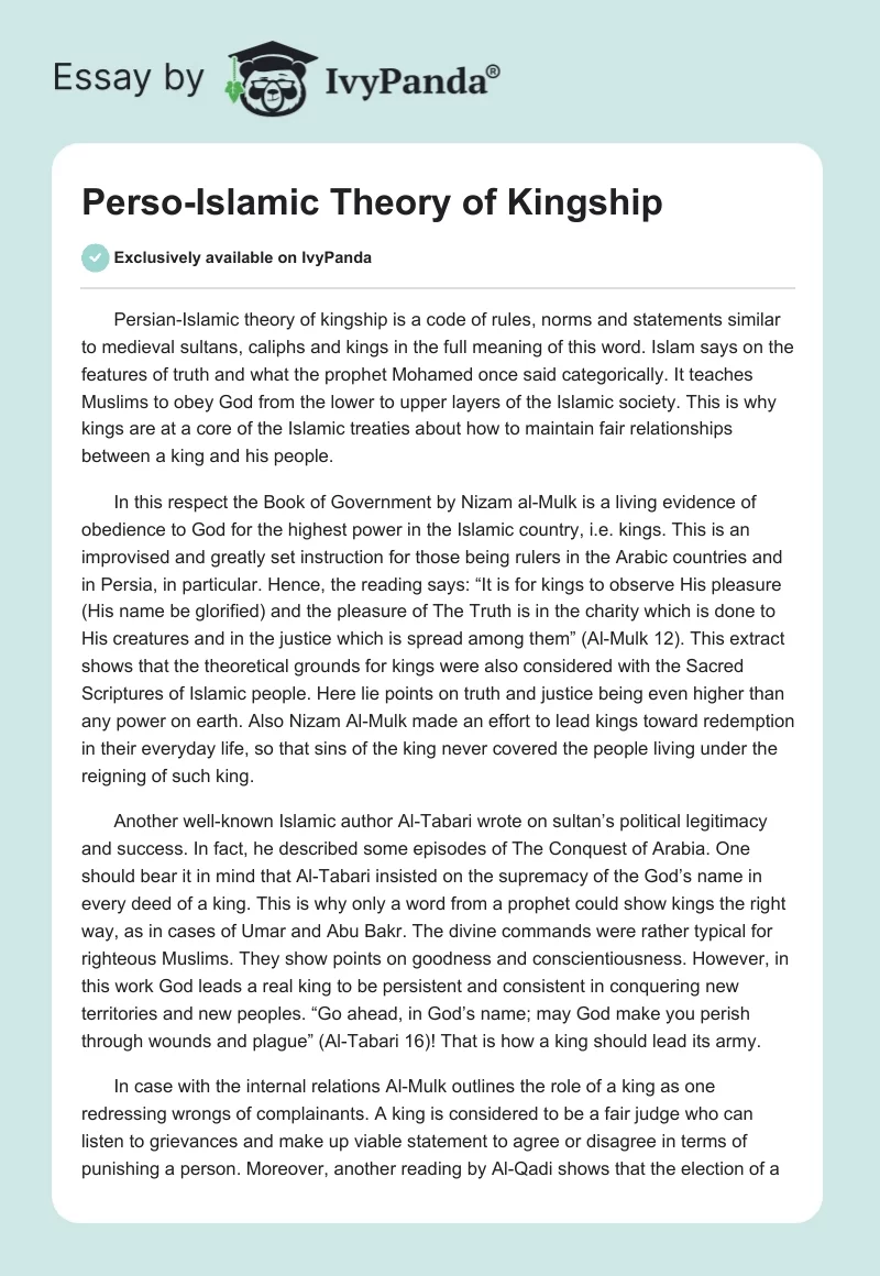 Perso-Islamic Theory of Kingship. Page 1
