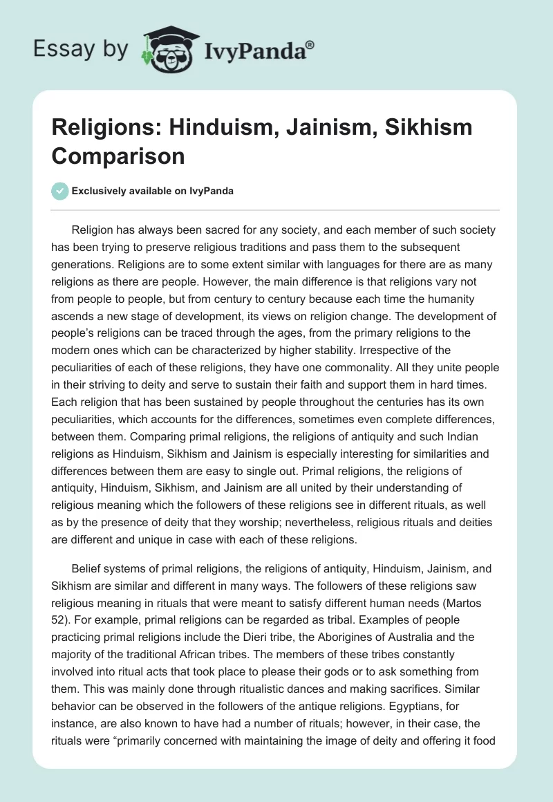 Religions: Hinduism, Jainism, Sikhism Comparison. Page 1