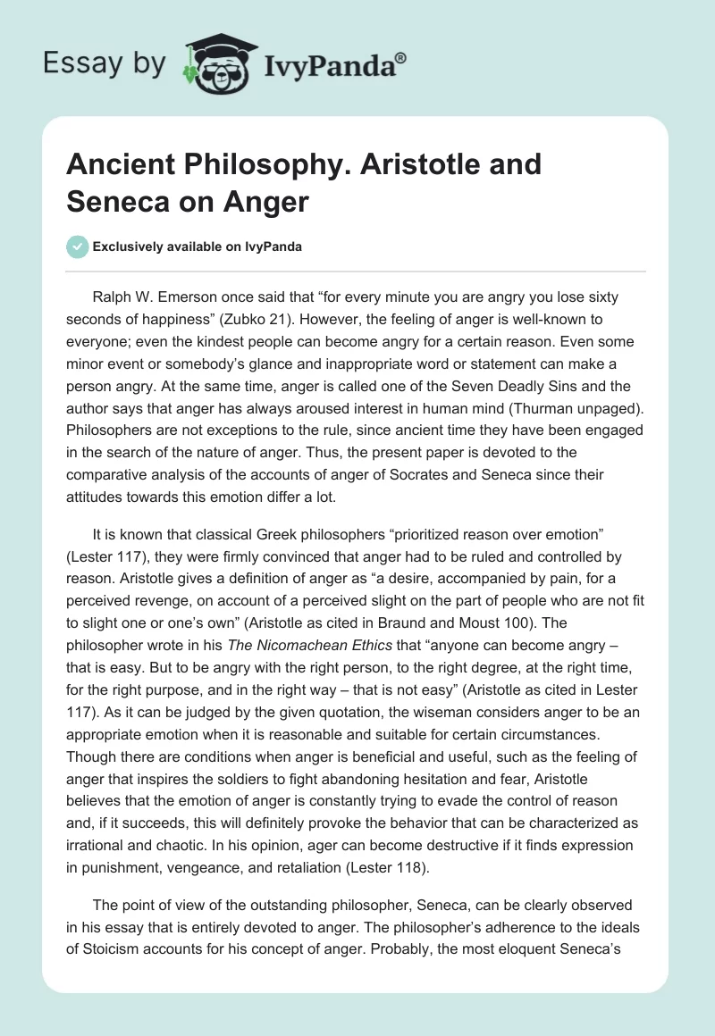 Ancient Philosophy. Aristotle and Seneca on Anger. Page 1