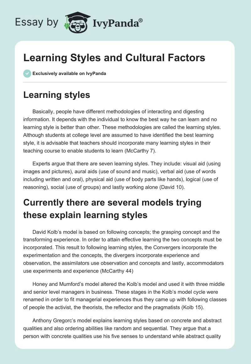 Learning Styles and Cultural Factors. Page 1