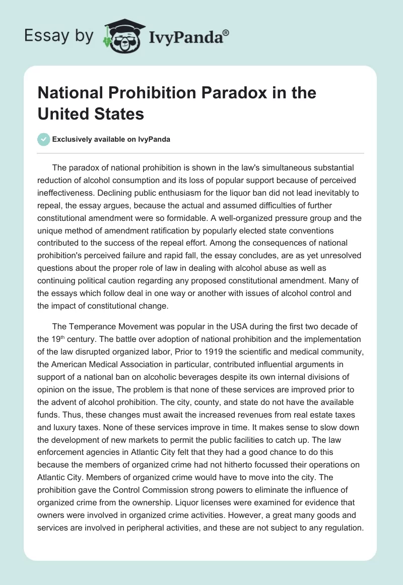 National Prohibition Paradox in the United States. Page 1