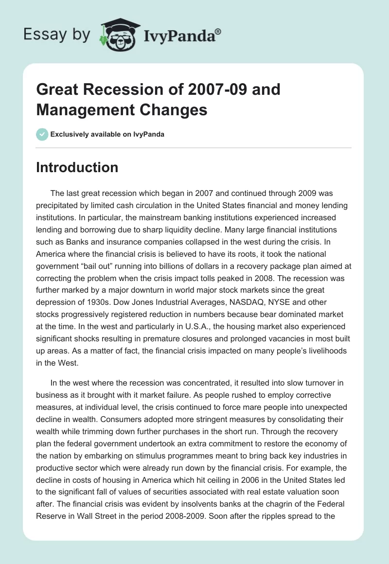 Great Recession of 2007-09 and Management Changes. Page 1