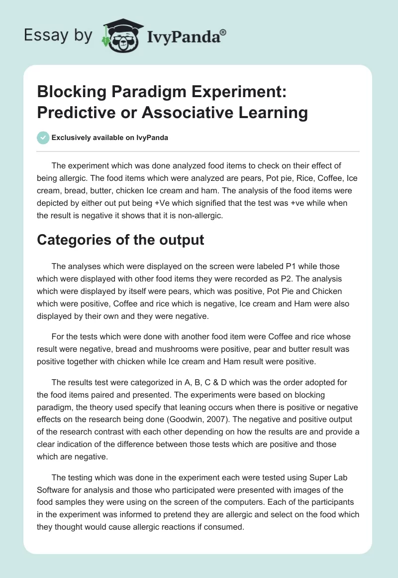Blocking Paradigm Experiment: Predictive or Associative Learning. Page 1
