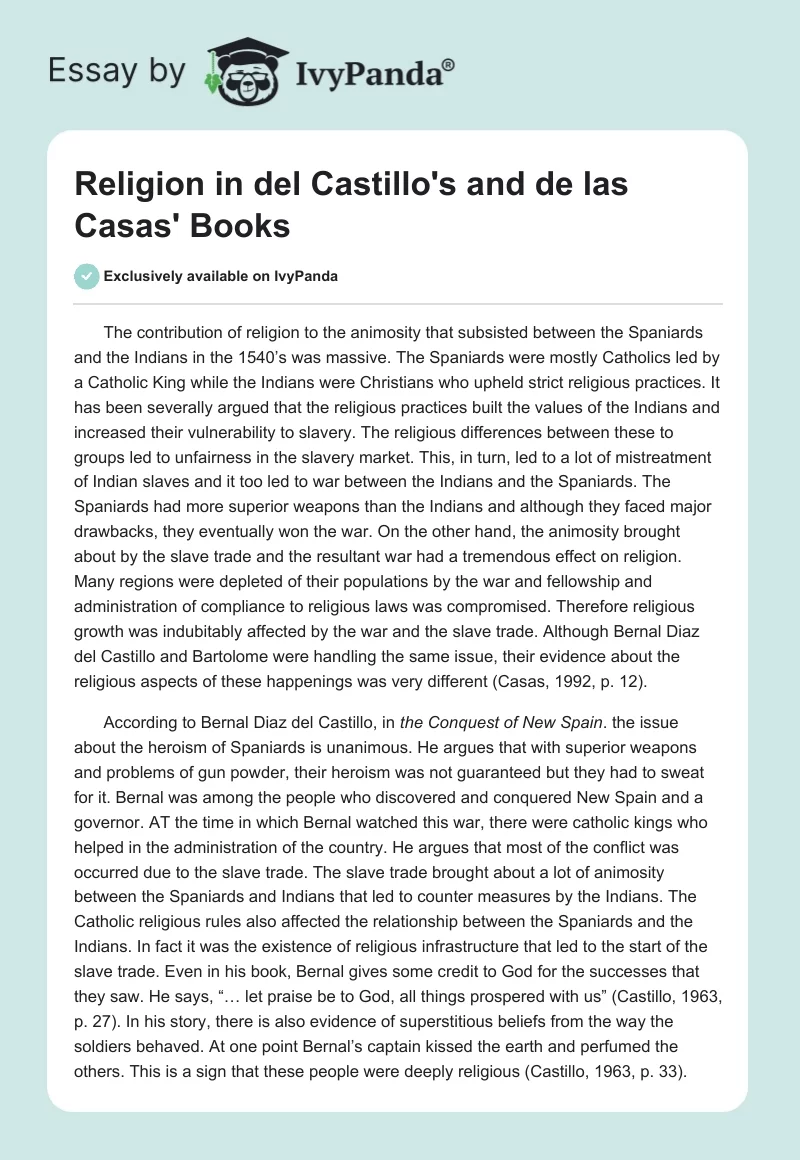 Religion in del Castillo's and de las Casas' Books. Page 1