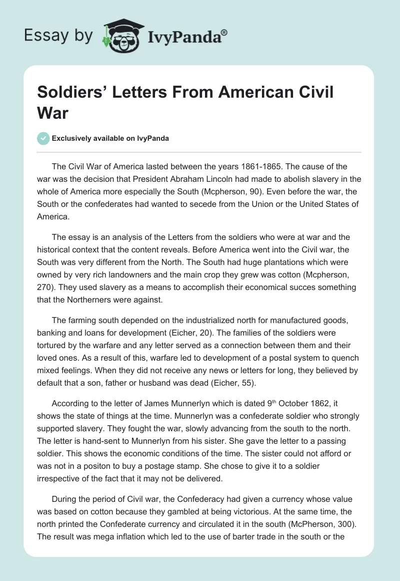Soldiers’ Letters From American Civil War. Page 1