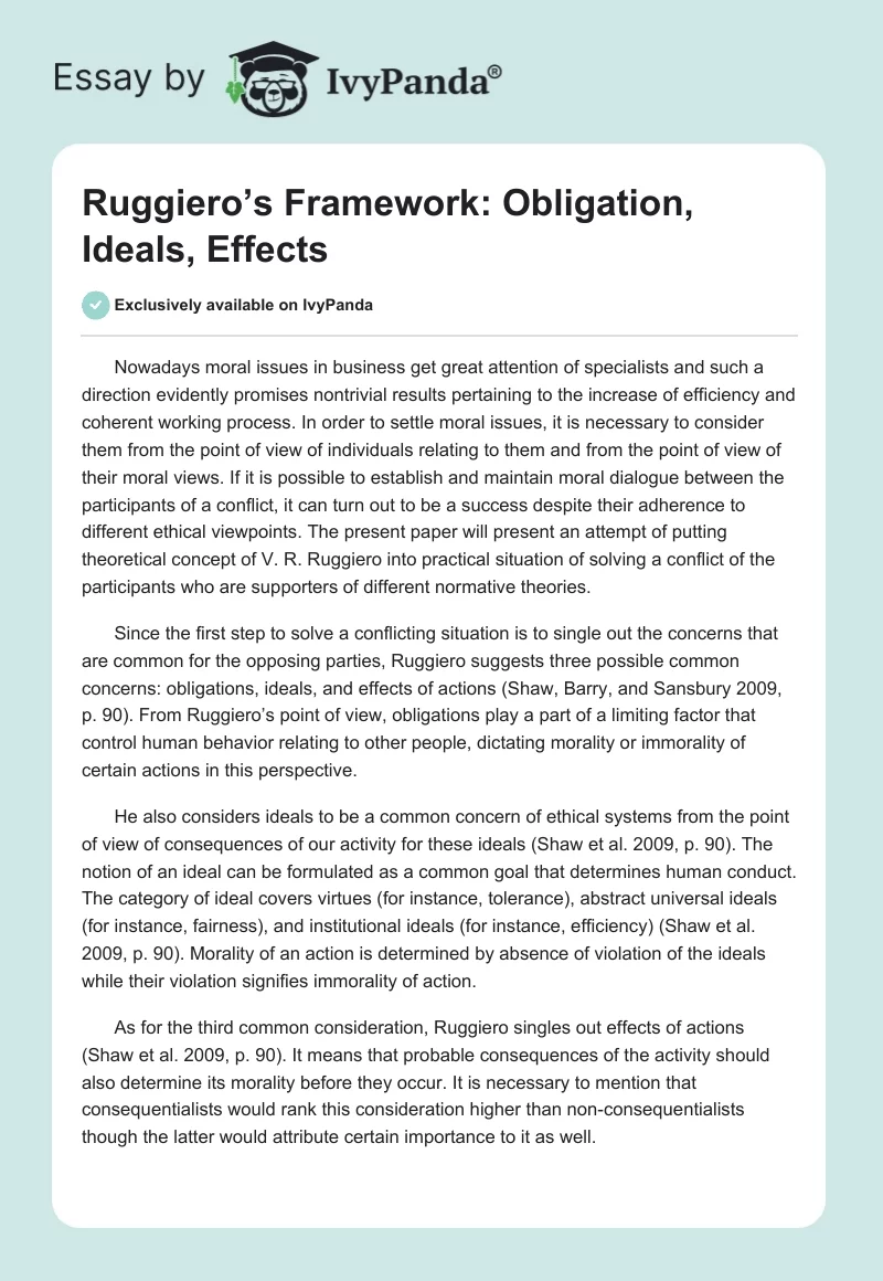 Ruggiero’s Framework: Obligation, Ideals, Effects. Page 1