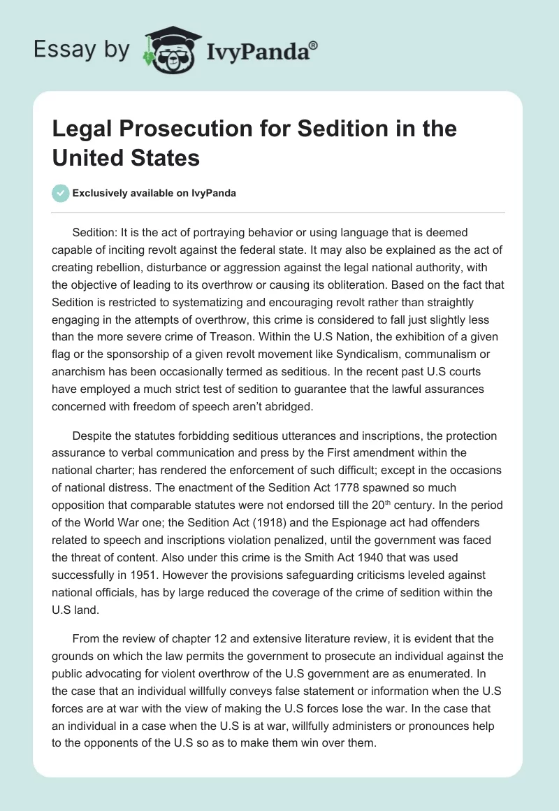 Legal Prosecution for Sedition in the United States. Page 1