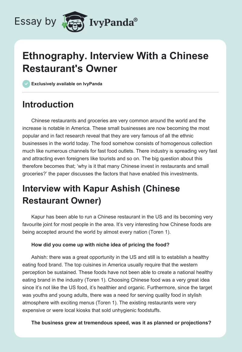 Ethnography. Interview With a Chinese Restaurant's Owner. Page 1