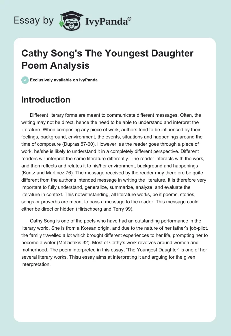 Cathy Song's "The Youngest Daughter" Poem Analysis. Page 1