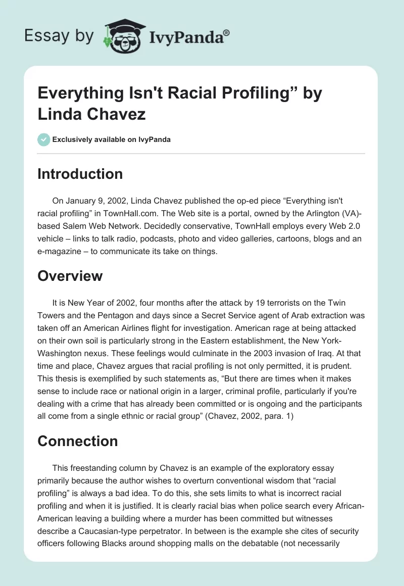 "Everything Isn't Racial Profiling” by Linda Chavez. Page 1