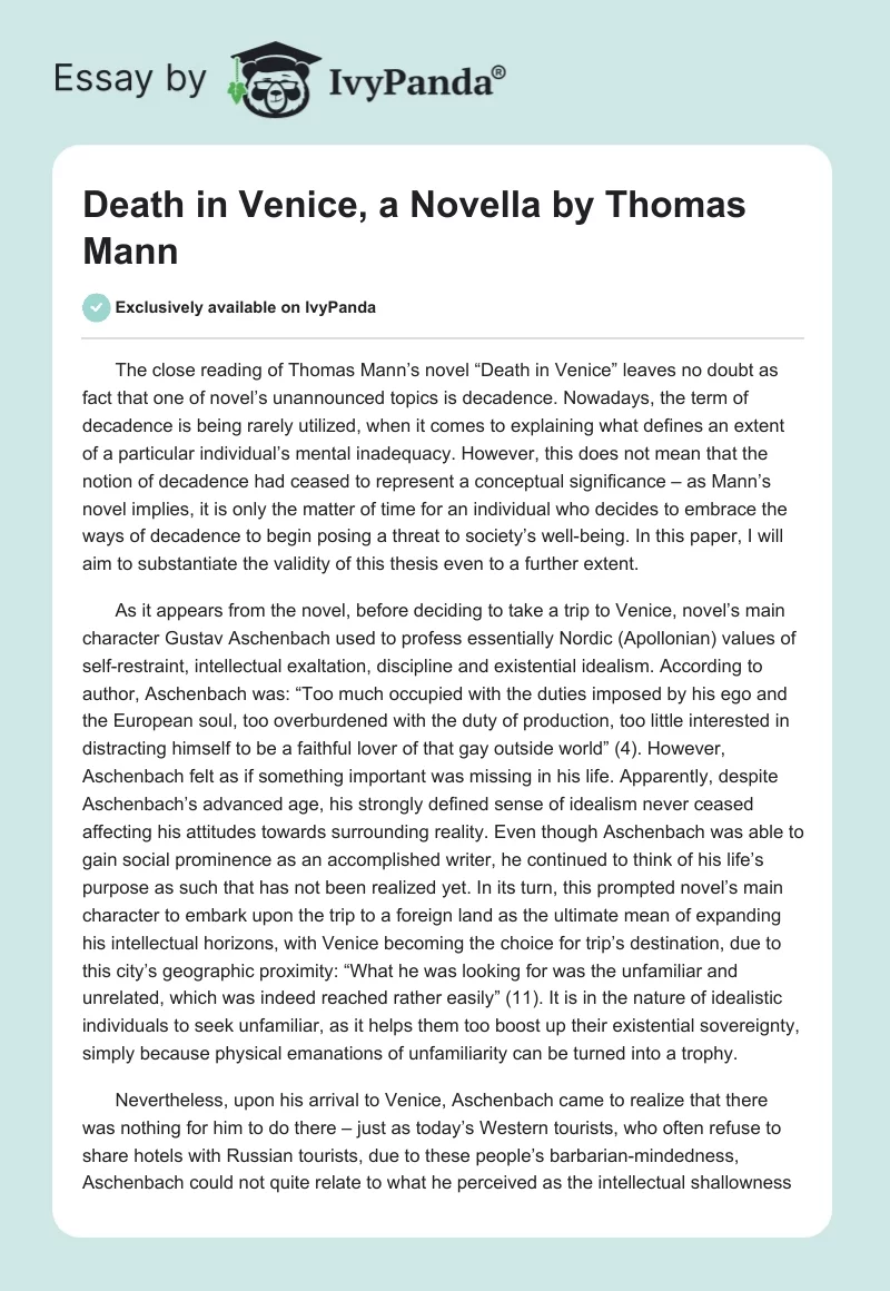"Death in Venice," a Novella by Thomas Mann. Page 1